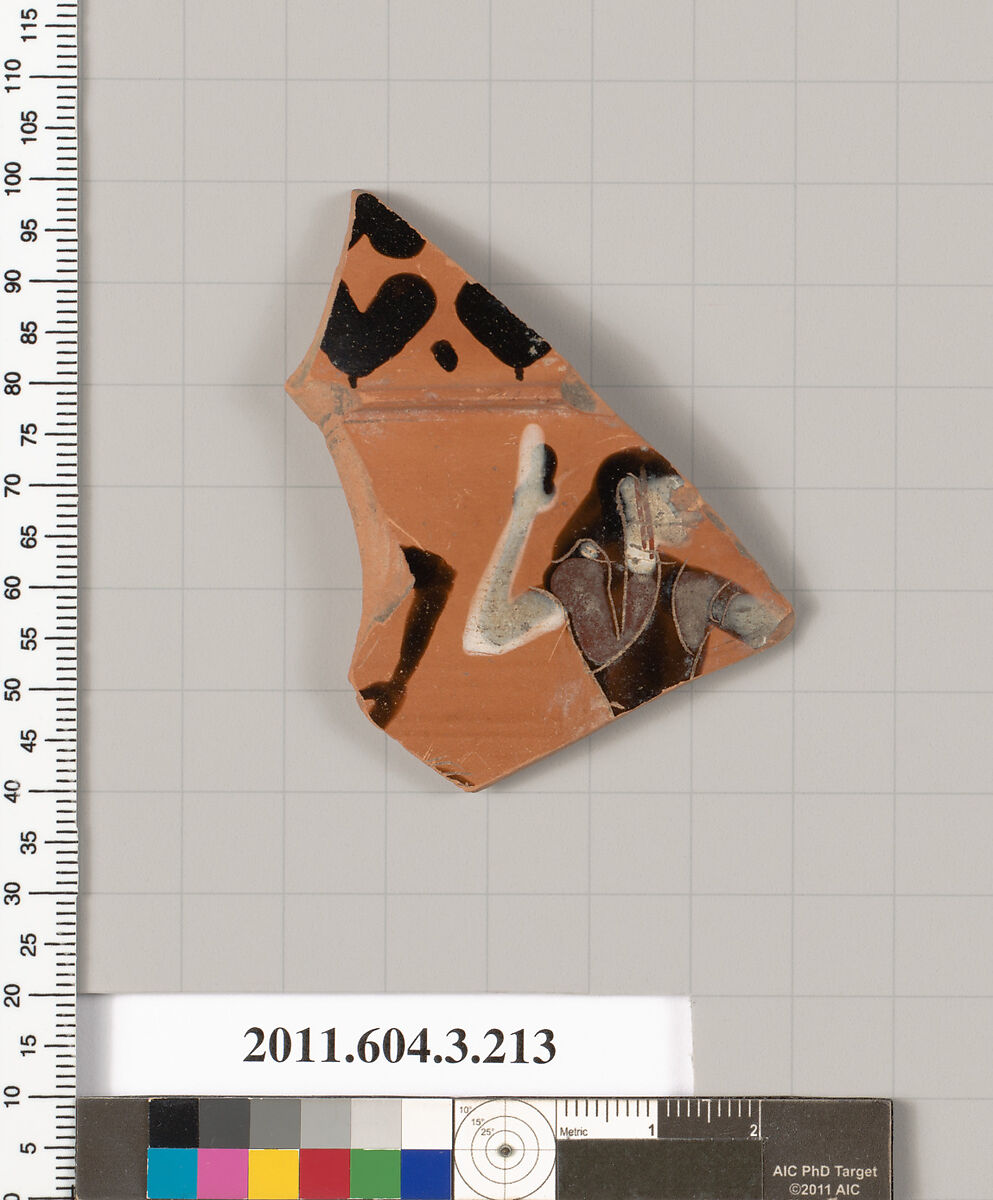 Terracotta fragment of a neck-amphora of Nicosthenic shape (jar), Terracotta, Greek, Attic 