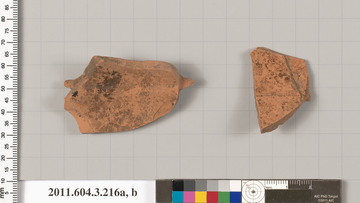Terracotta fragments of a neck-amphora of Nicosthenic shape (jar), Terracotta, Greek, Attic