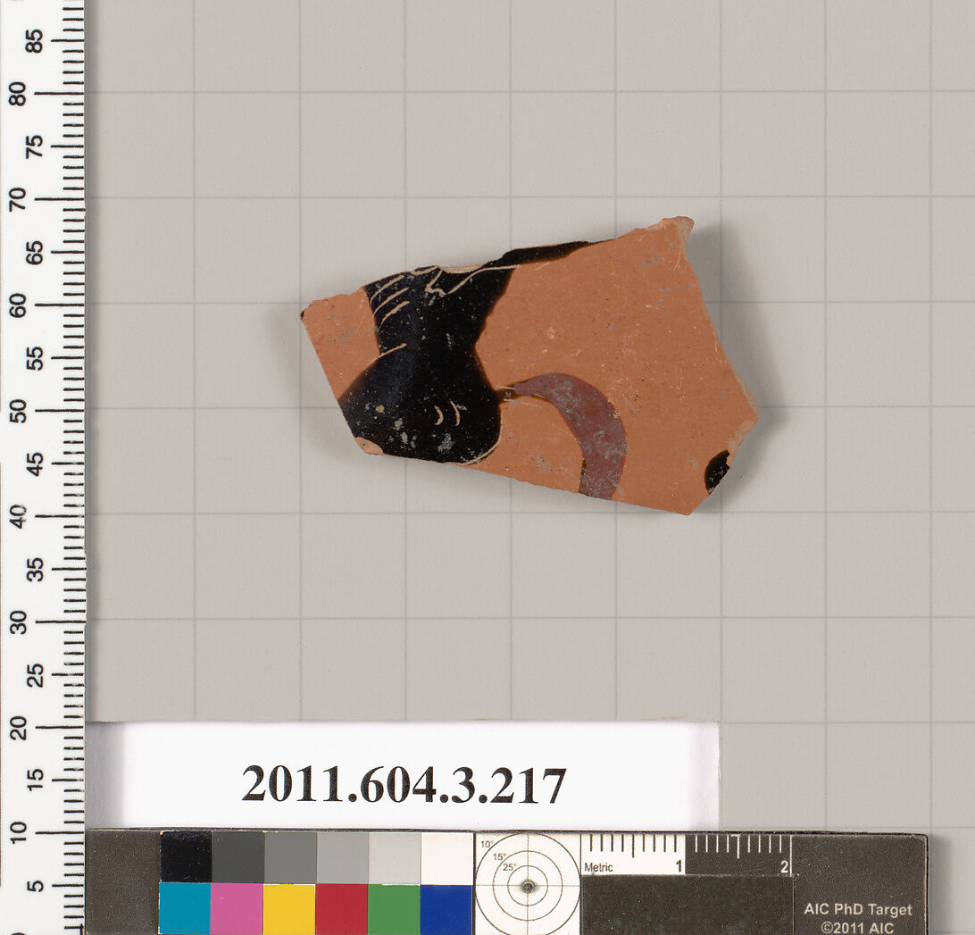 Terracotta fragment of a neck-amphora of Nicosthenic shape (jar), Terracotta, Greek, Attic 