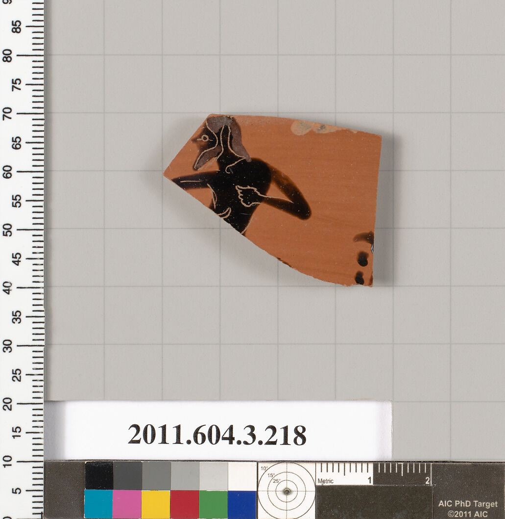 Terracotta fragment of a neck-amphora of Nicosthenic shape (jar), Terracotta, Greek, Attic 