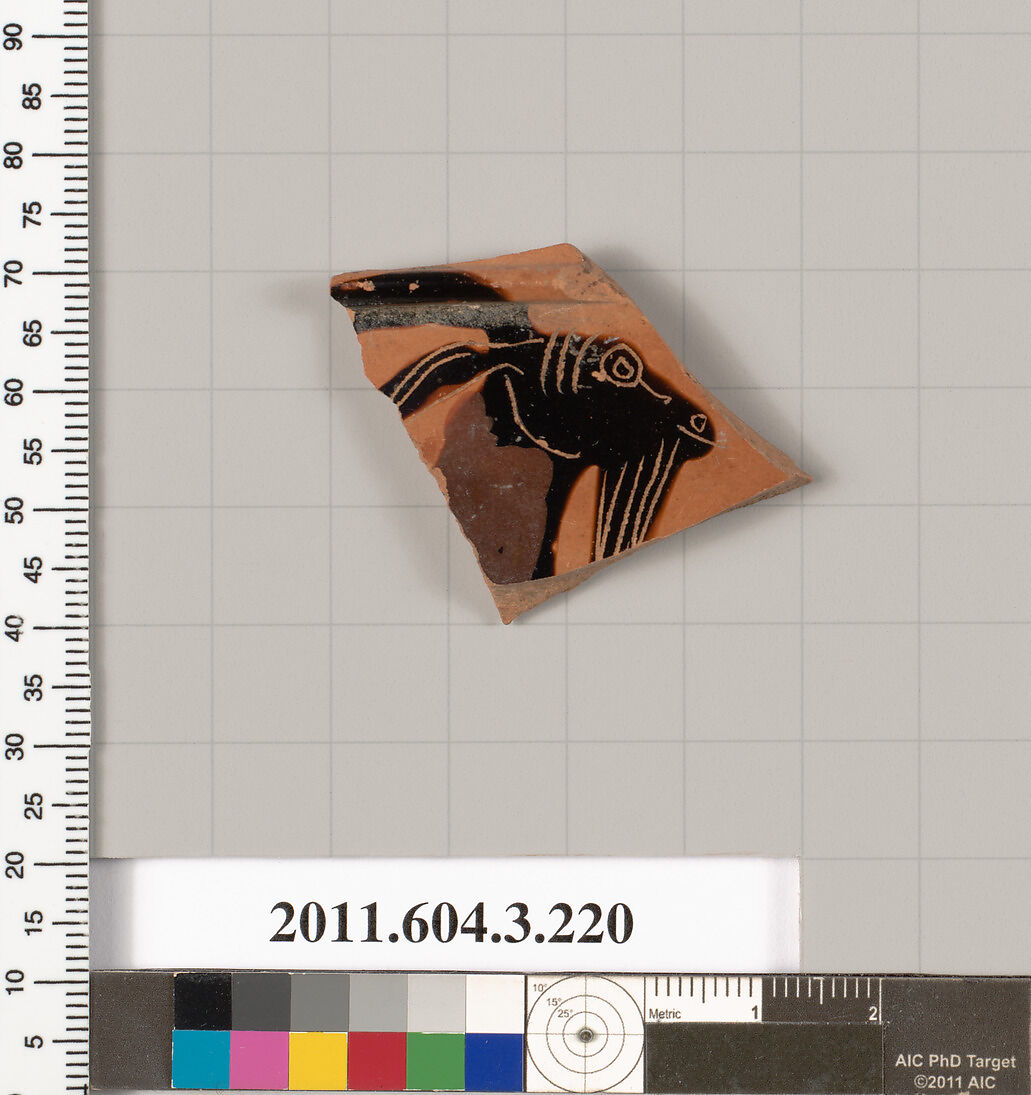 Terracotta fragment of a neck-amphora of Nicosthenic shape (jar), Terracotta, Greek, Attic