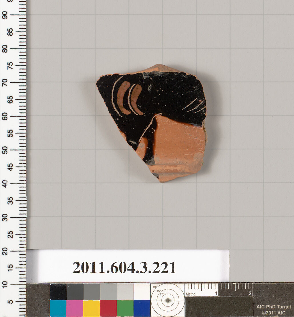 Terracotta fragment of a neck-amphora of Nicosthenic shape (jar), Terracotta, Greek, Attic
