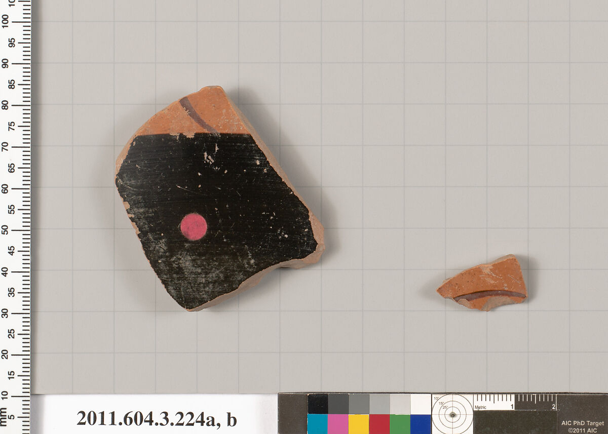 Terracotta fragments of a neck-amphora of Nicosthenic shape (jar)?, Terracotta, Greek, Attic 