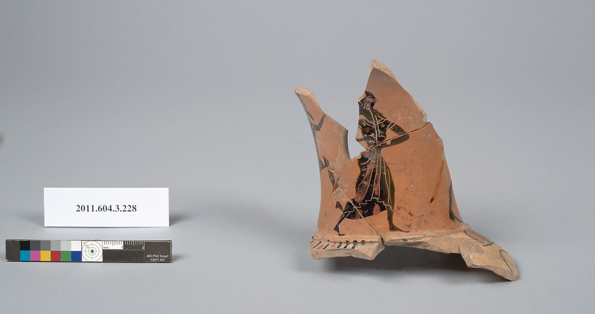 Terracotta fragment of a neck-amphora of Nicosthenic shape (jar), Terracotta, Greek, Attic 