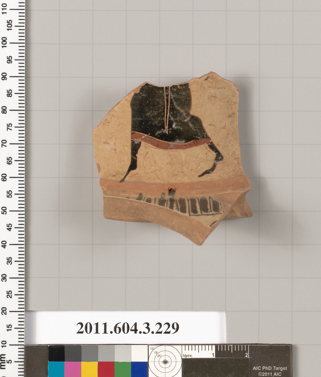 Terracotta fragment of a neck-amphora of Nicosthenic shape (jar), Terracotta, Greek, Attic