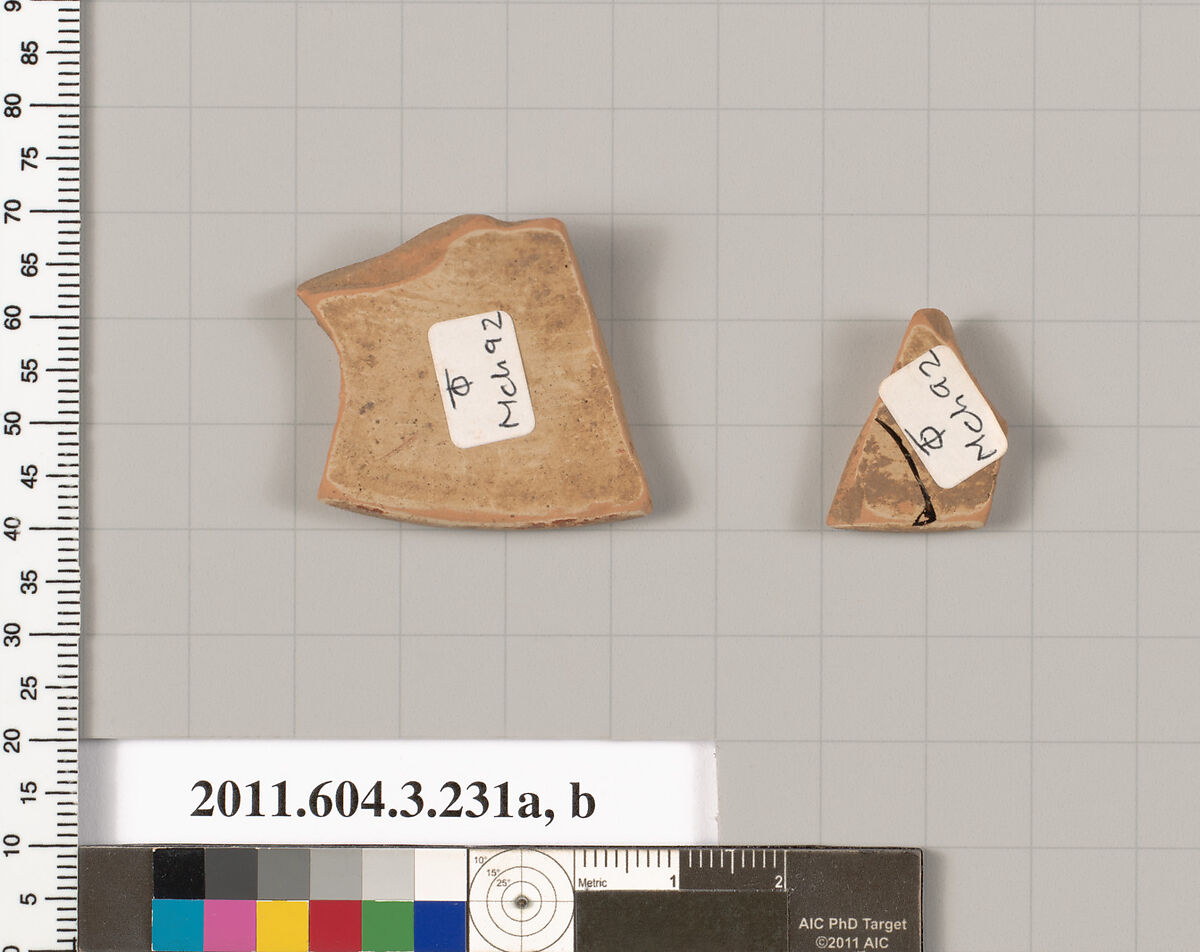 Terracotta fragments of a neck-amphora of Nicosthenic shape (jar)?, Terracotta, Greek, Attic