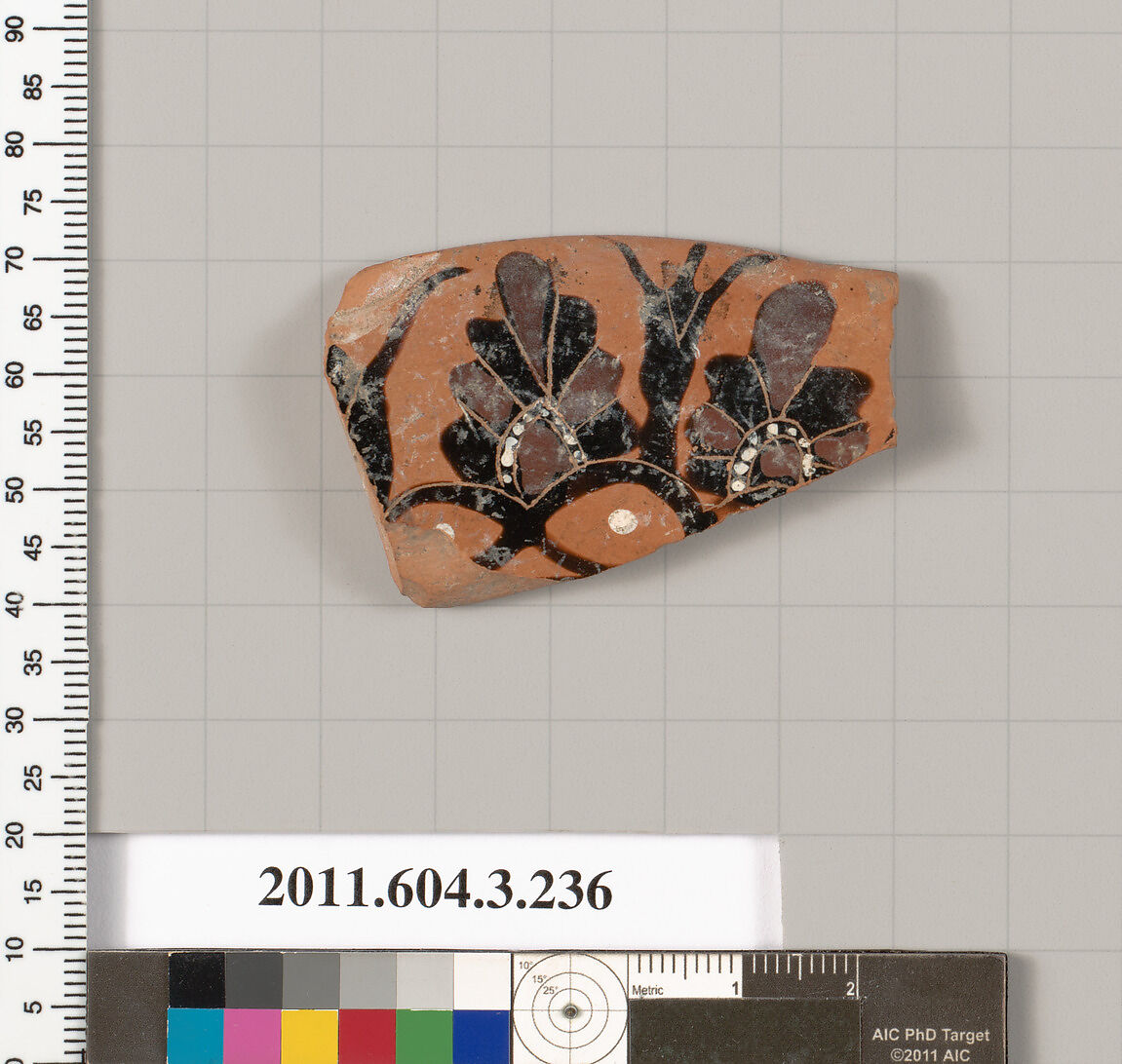 Terracotta fragment of a neck-amphora of Nicosthenic shape (jar), Terracotta, Greek, Attic 