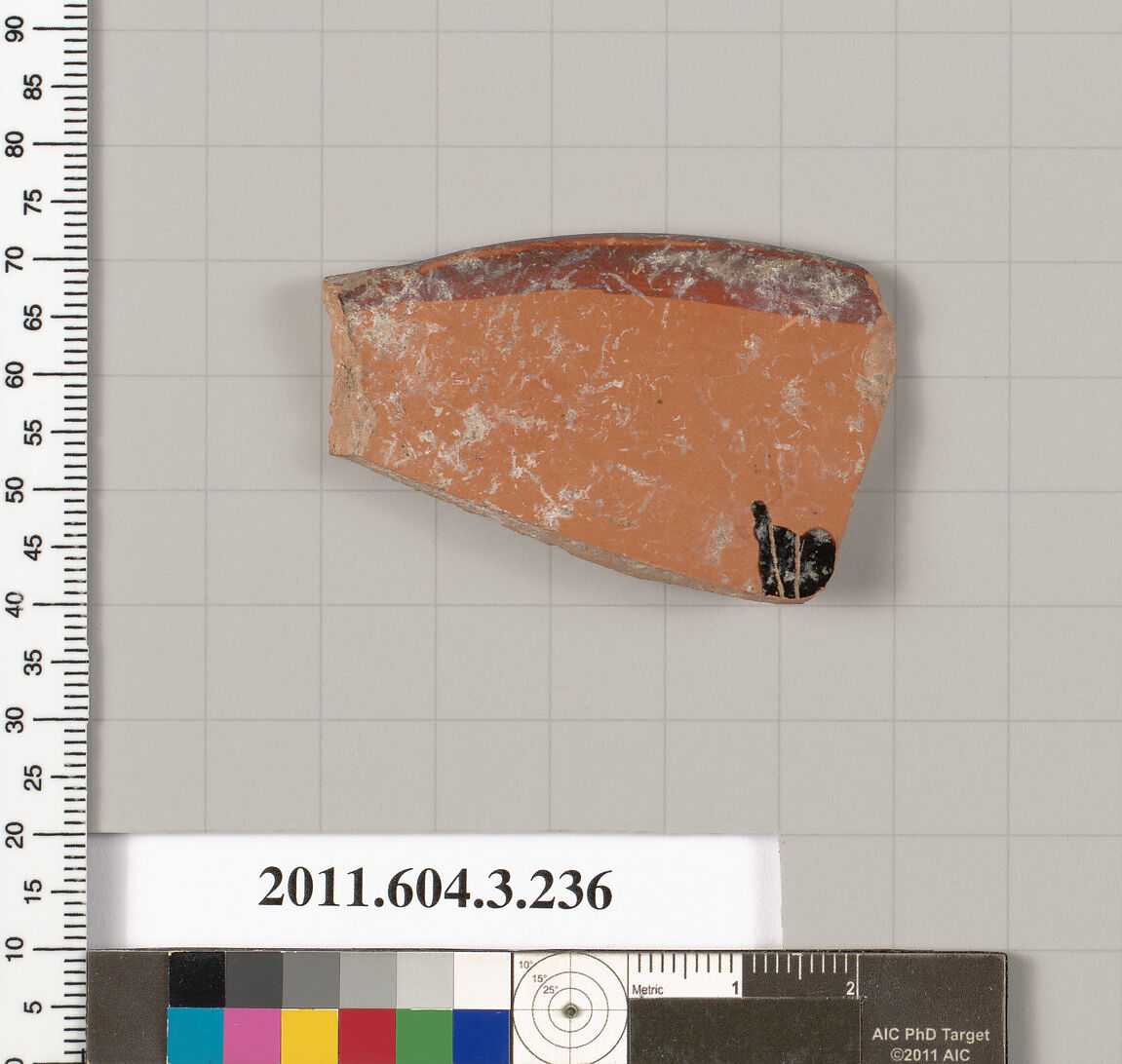 Terracotta fragment of a neck-amphora of Nicosthenic shape (jar), Terracotta, Greek, Attic