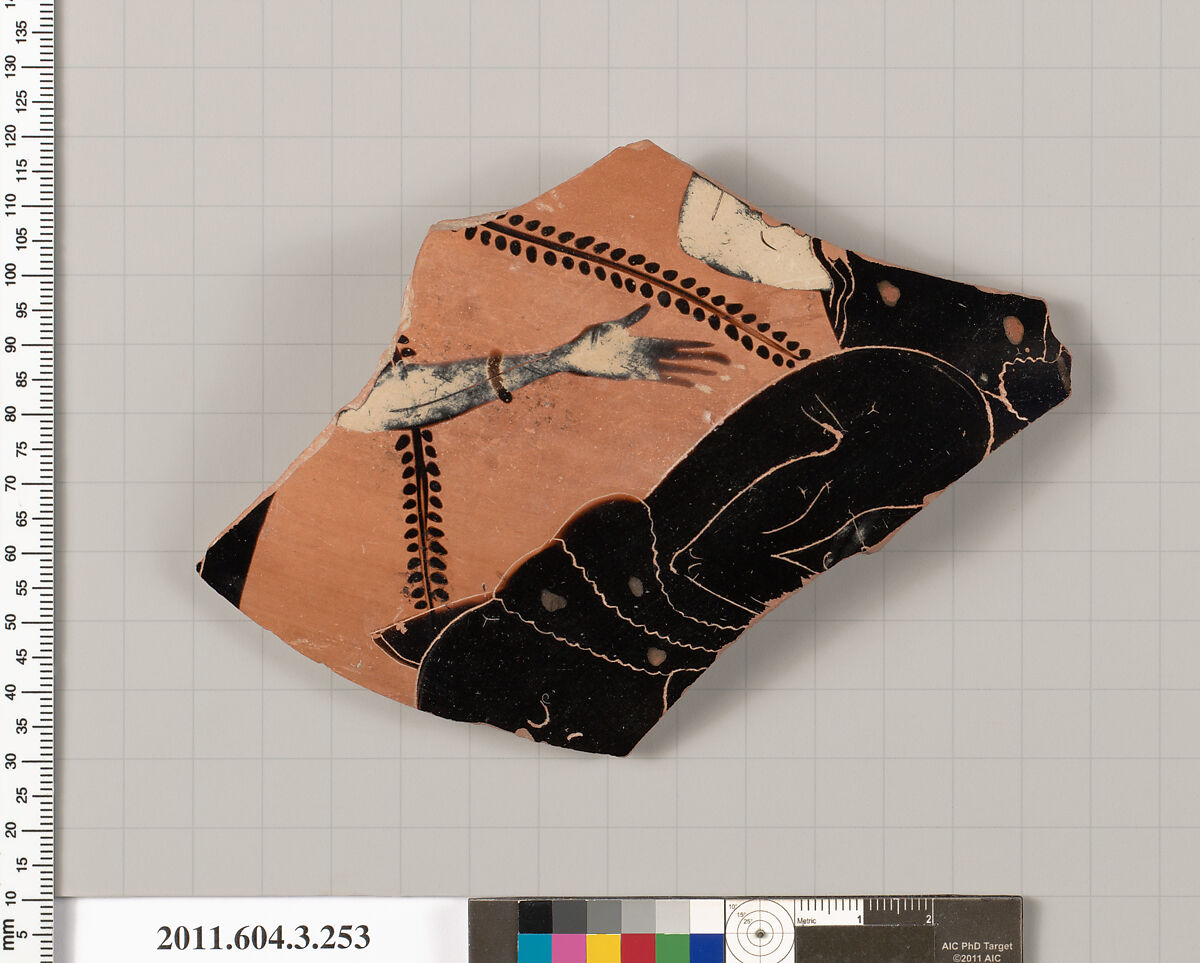 Terracotta fragment of a neck-amphora (jar), Terracotta, Greek, Attic 