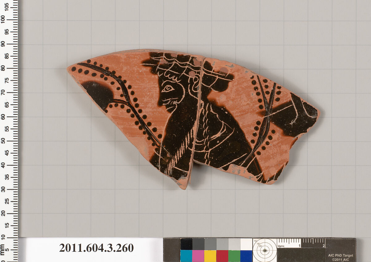 Terracotta fragment of a neck-amphora (jar), Terracotta, Greek, Attic 