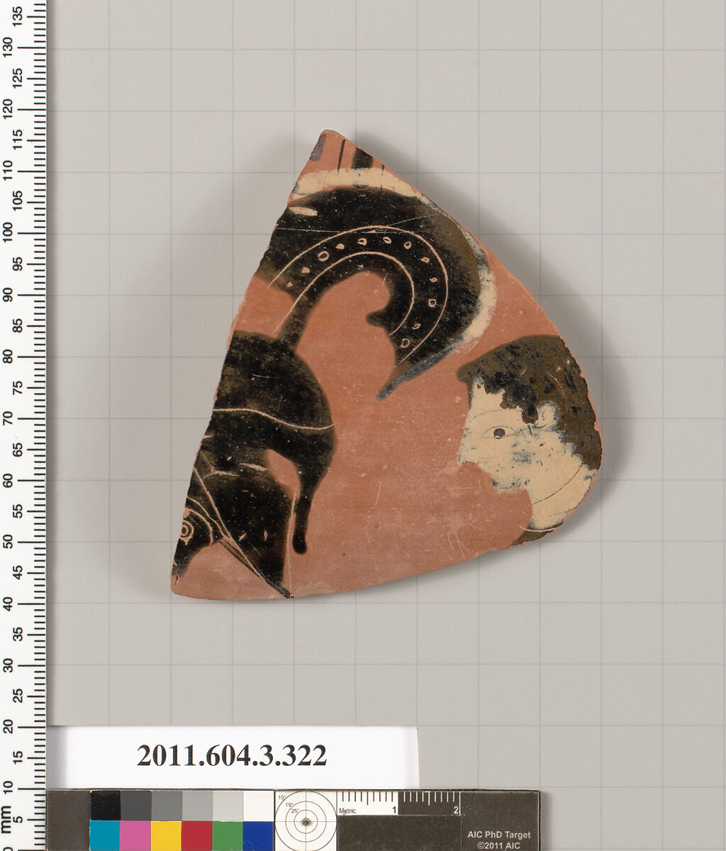 Terracotta fragment of a neck-amphora (jar), Terracotta, Greek, Attic 