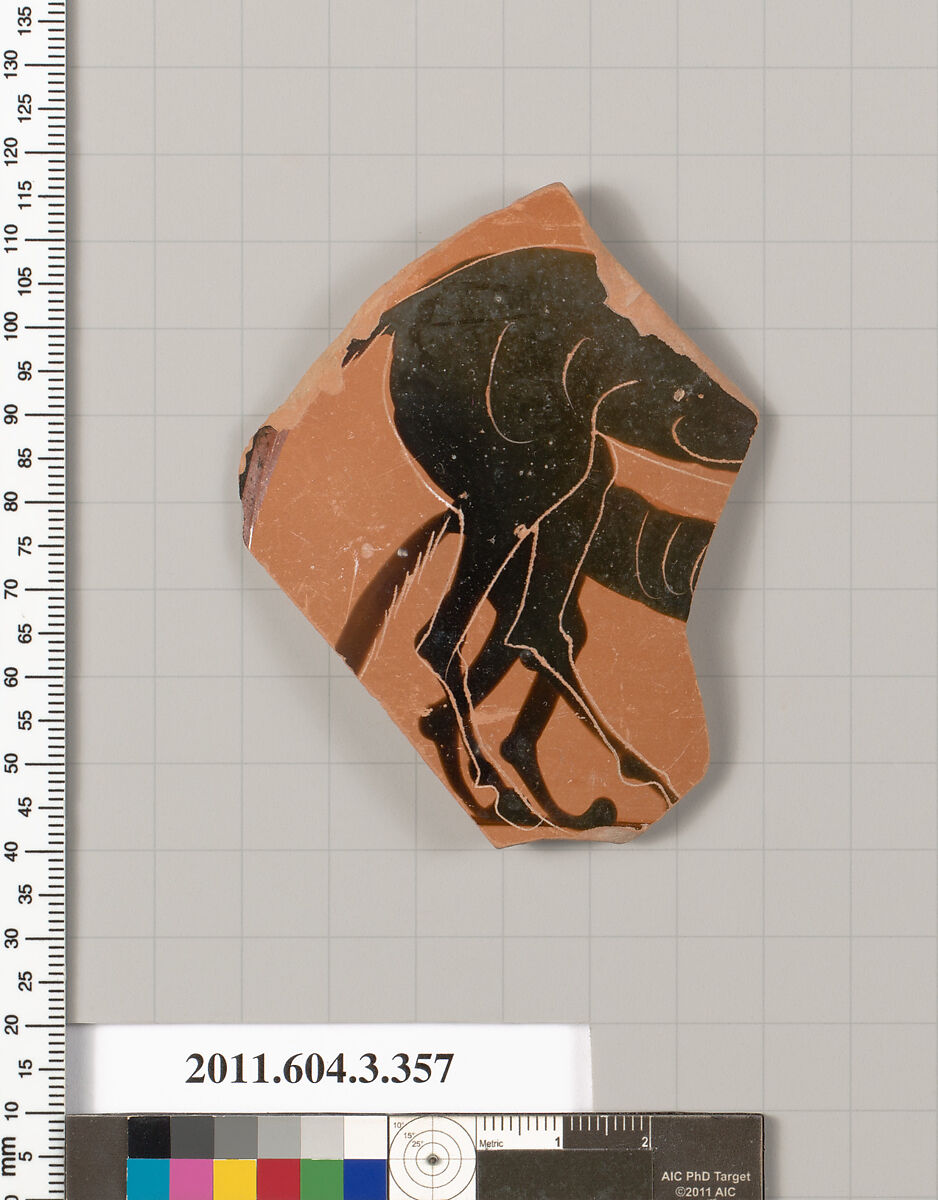 Terracotta fragment of a neck-amphora (jar), Terracotta, Greek, Attic 