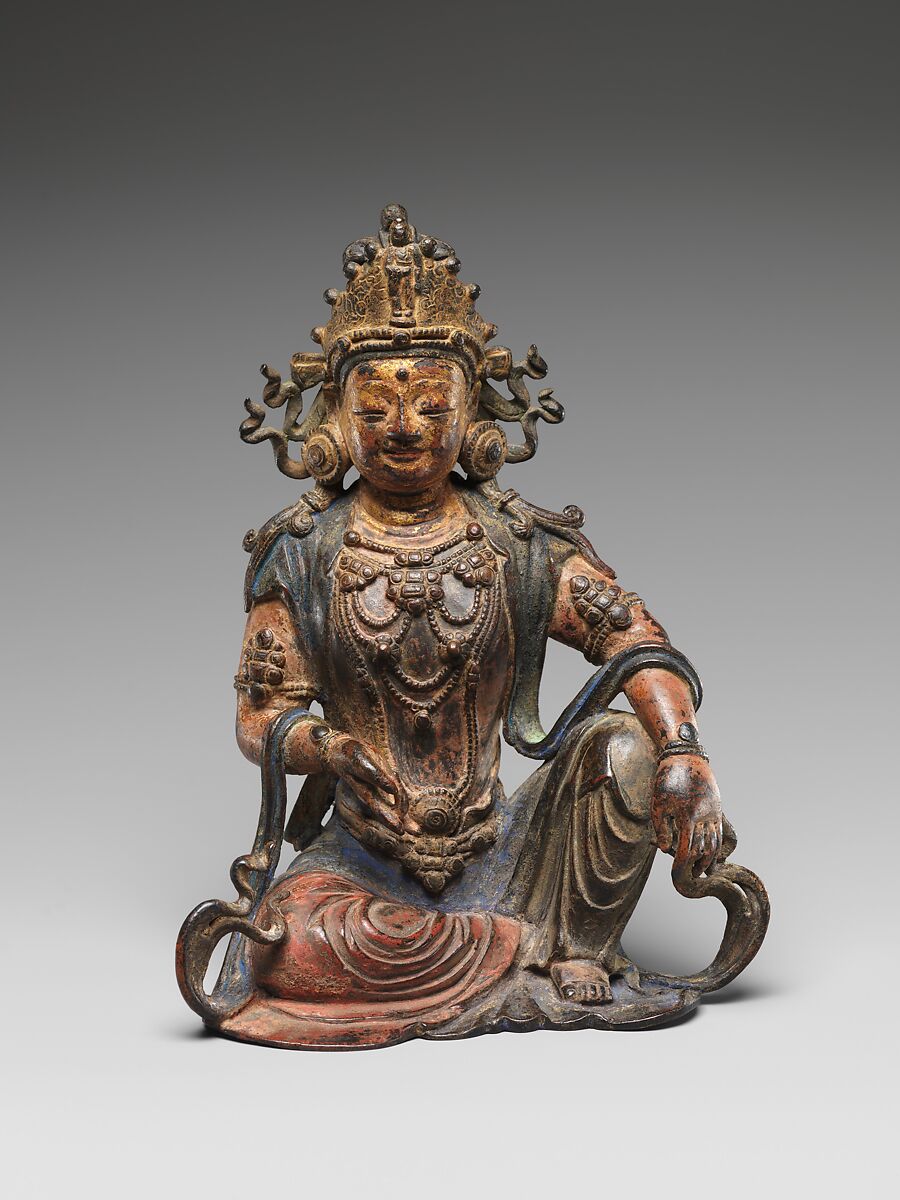Bodhisattva Avalokiteshvara, Leaded brass with pigment and gilding, lost-wax cast, China 