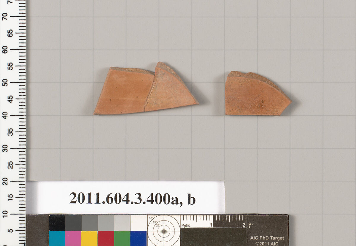 Terracotta fragments of a neck-amphora (jar), Terracotta, Greek, Attic