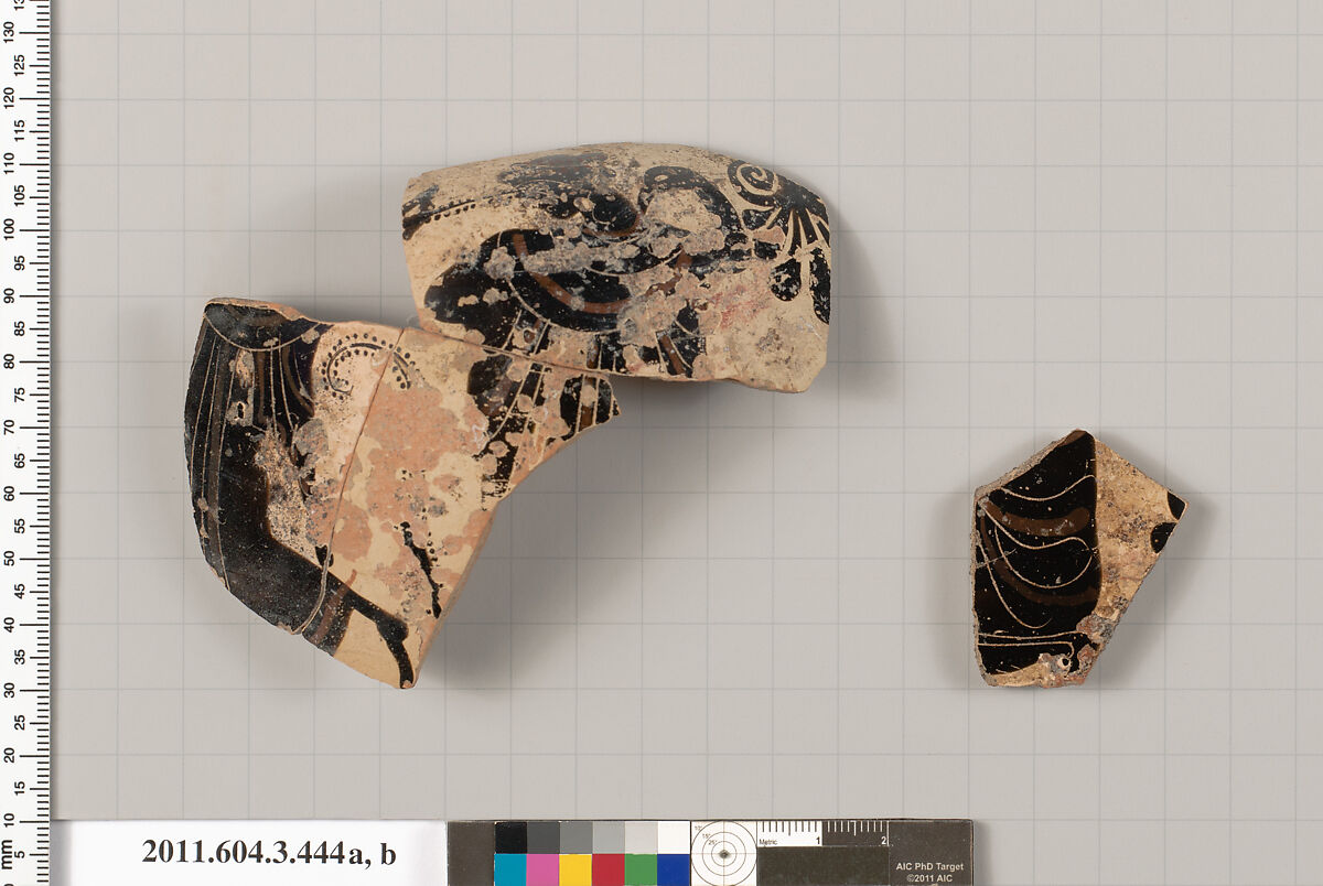 Terracotta fragments of a neck-amphora (jar), Terracotta, Greek, Attic 
