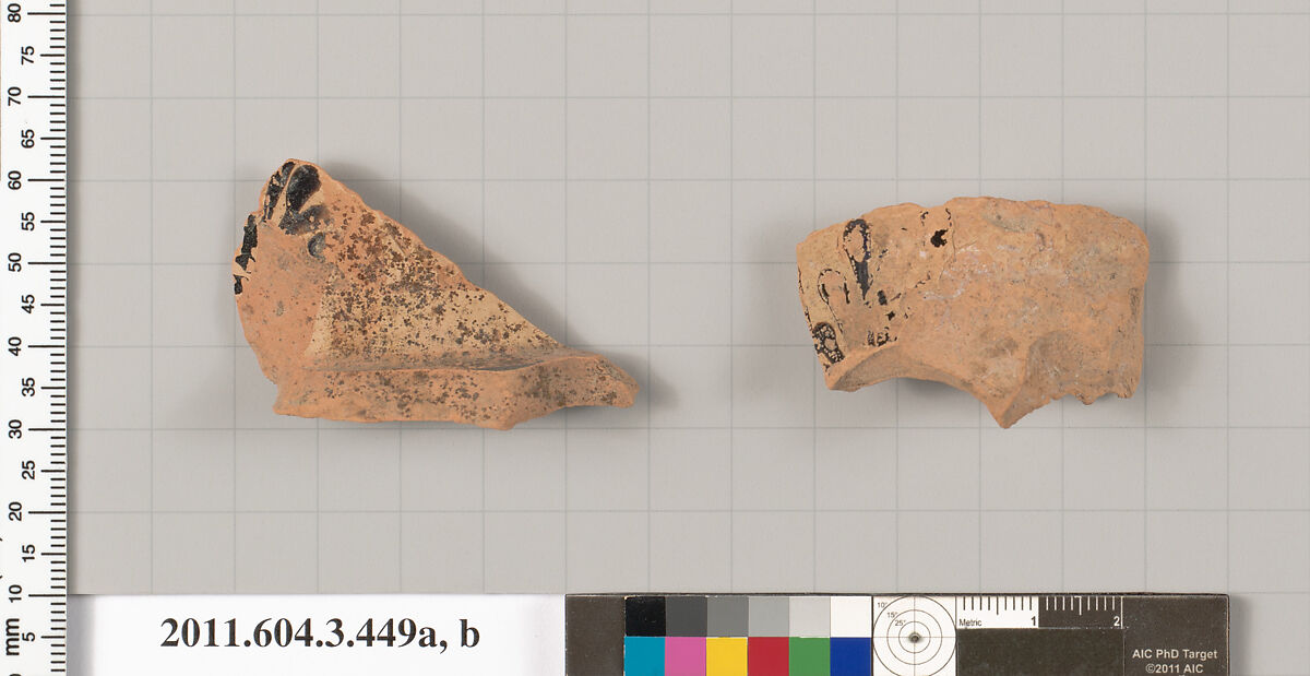 Terracotta fragments of a neck-amphora (jar), Terracotta, Greek, Attic 