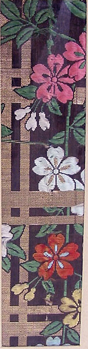 Textile with Blossoming Cherry Branches and Lattice, Silk twill with silk brocading wefts and supplementary-weft patterning in metallic thread, Japan 