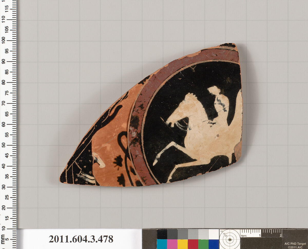 Terracotta fragment of a neck-amphora of Panathenaic shape, Terracotta, Greek, Attic 