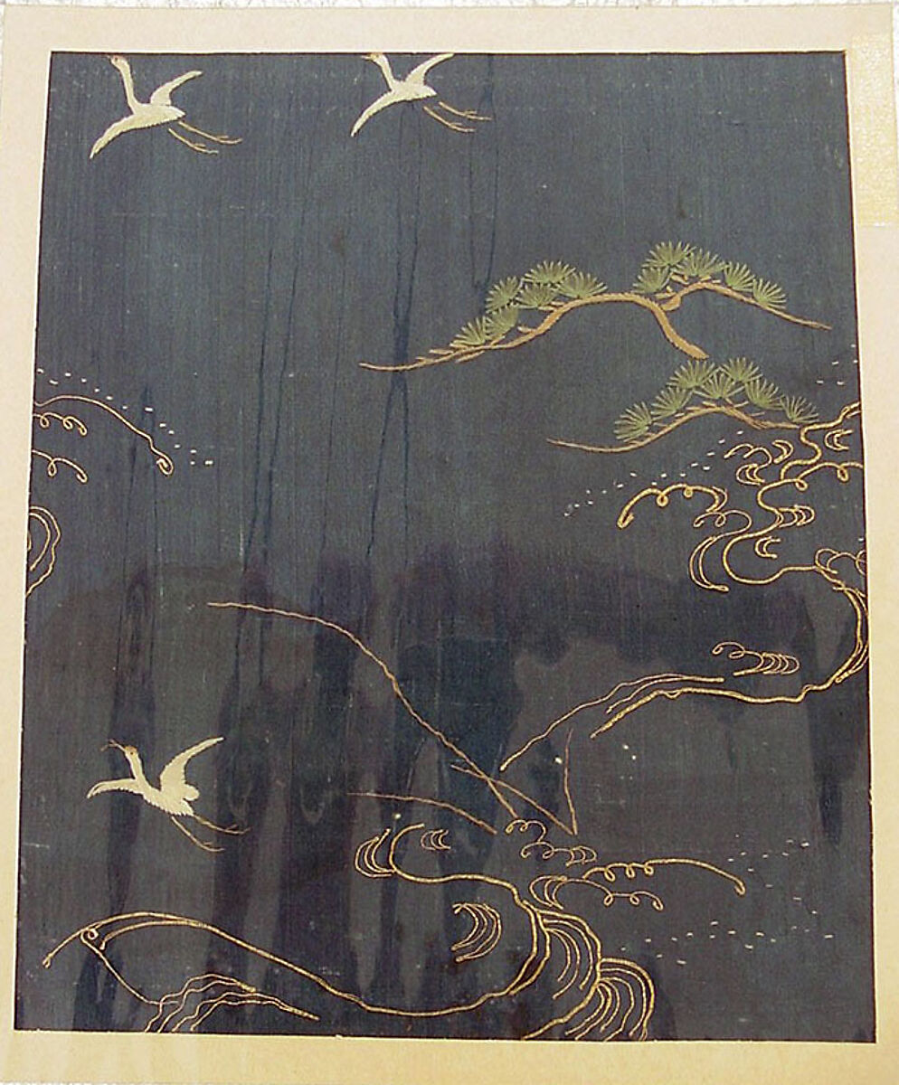 Piece from a Kosode with Cranes, Pines, and Waves, Silk and metallic-thread embroidery on plain-weave silk crepe (chirimen), Japan 