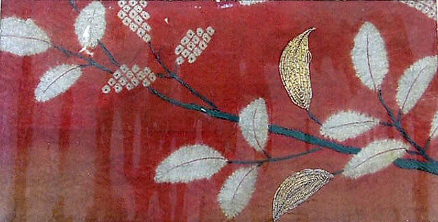 Pieces from a Kosode with Leafy Branches, Resist-dyed and painted silk satin damask (rinzu), embroidered with silk and metallic thread, Japan 