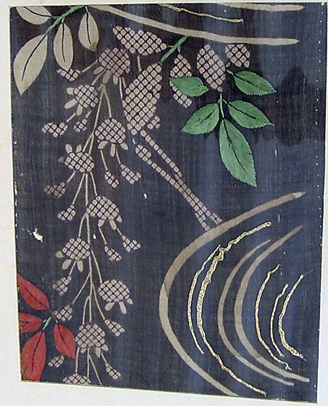 Piece from a Summer Kosode (katabira) with Wisteria above a Stream, Resist-dyed plain-weave bast fiber (asa) crepe, embroidered with silk and metallic thread, Japan 
