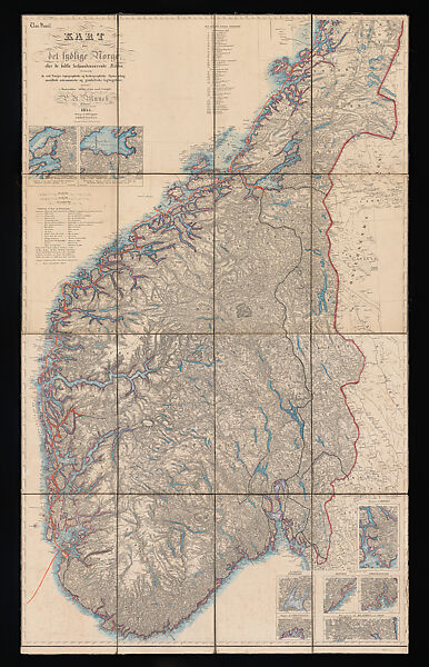 Map of Southern Norway, Peter Andreas Munch (Norwegian, Oslo (Christiania) 1810–1863 Rome), Lithograph with hand-coloring on two joined sheets of paper, cut and backed by canvas 
