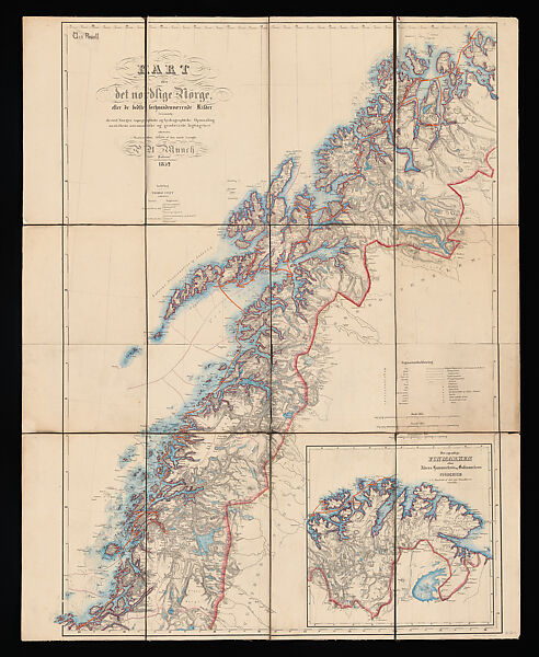 Map of Northern Norway, Peter Andreas Munch (Norwegian, Oslo (Christiania) 1810–1863 Rome), Lithograph with hand-coloring on two joined sheets of paper, cut and backed by canvas 