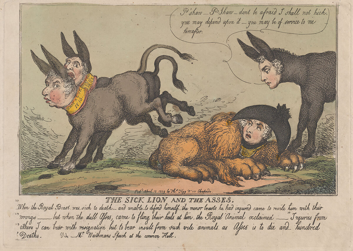 The Sick Lion and The Asses, Thomas Rowlandson (British, London 1757–1827 London), Hand-colored etching 