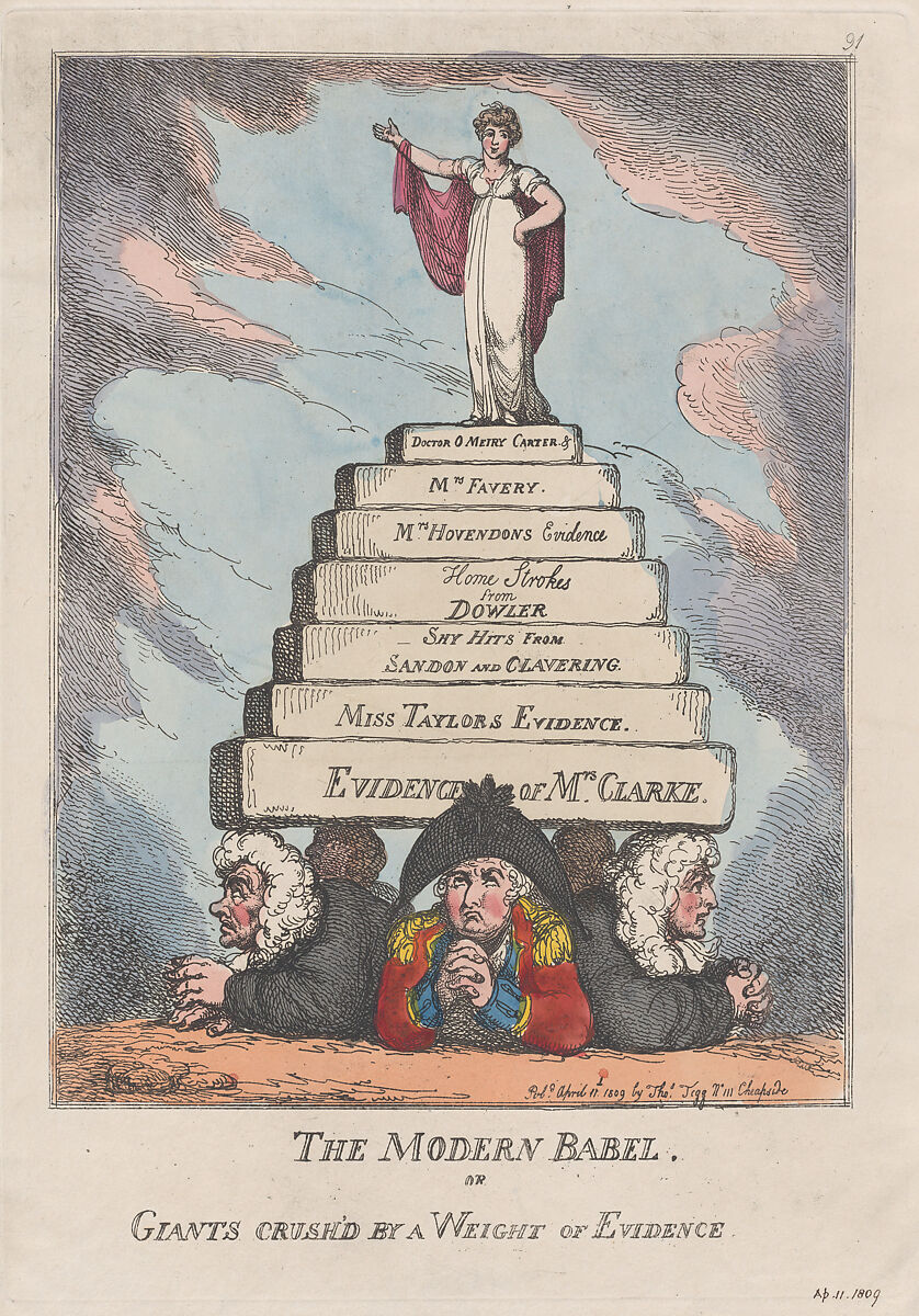 The Modern Babel, or Giants Crushed by a Weight of Evidence, Thomas Rowlandson (British, London 1757–1827 London), Hand-colored etching 