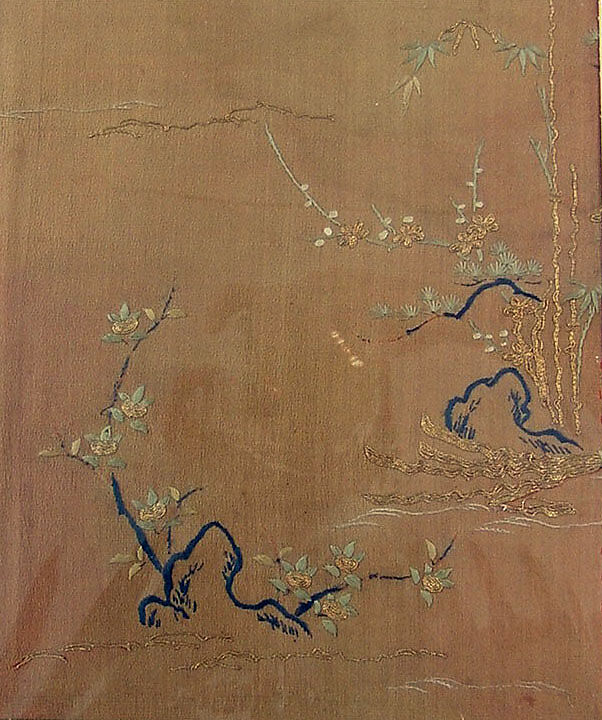 Piece from a Kosode with Pine, Bamboo, Blossoming Plum, and Mandarin Orange Tree, Silk and metallic-thread embroidery on plain-weave silk crepe (chirimen), Japan 