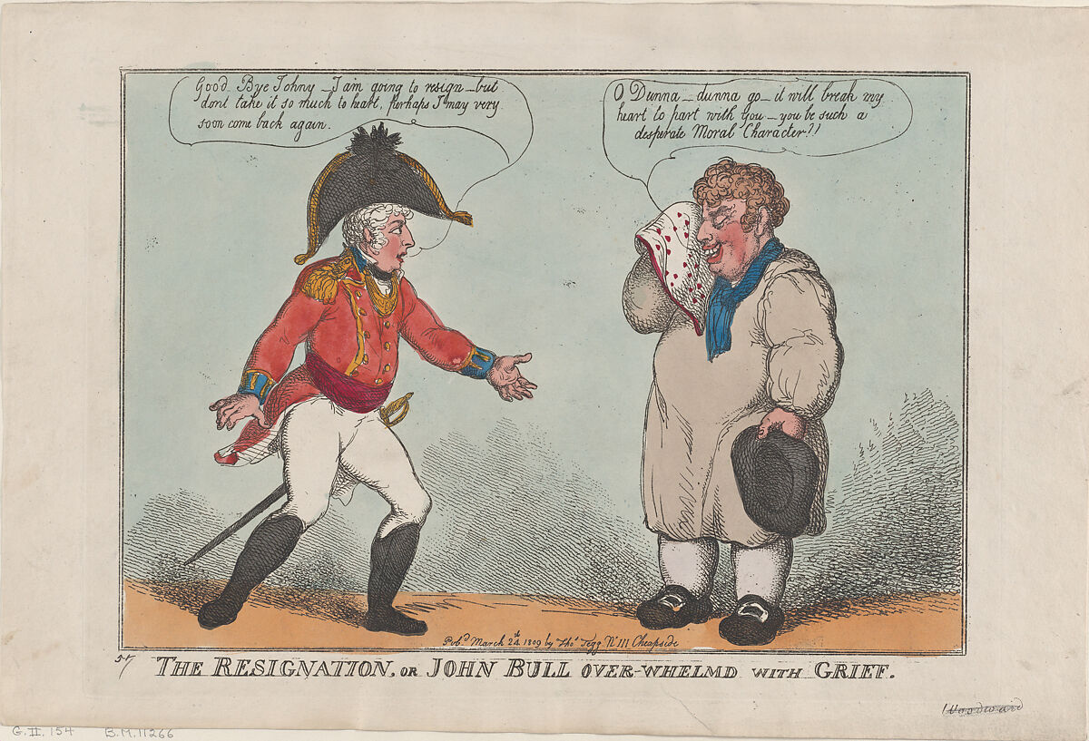 The Resignation, or John Bull Over-Whelmed with Grief, Thomas Rowlandson (British, London 1757–1827 London), Hand-colored etching 