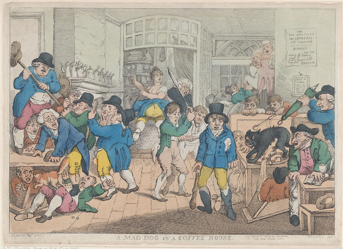 A Mad Dog in a Coffee House, Thomas Rowlandson (British, London 1757–1827 London), Hand-colored etching 