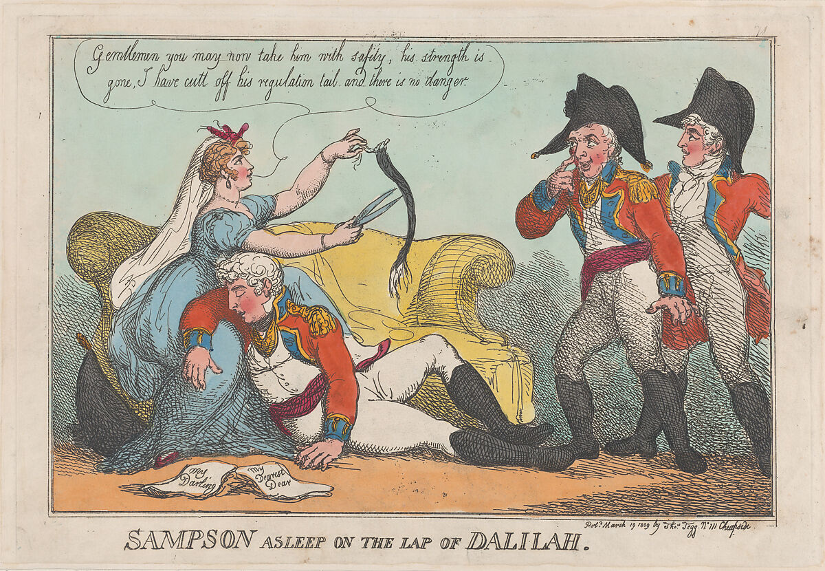 Sampson Asleep on the Lap of Dalilah, Thomas Rowlandson (British, London 1757–1827 London), Hand-colored etching 