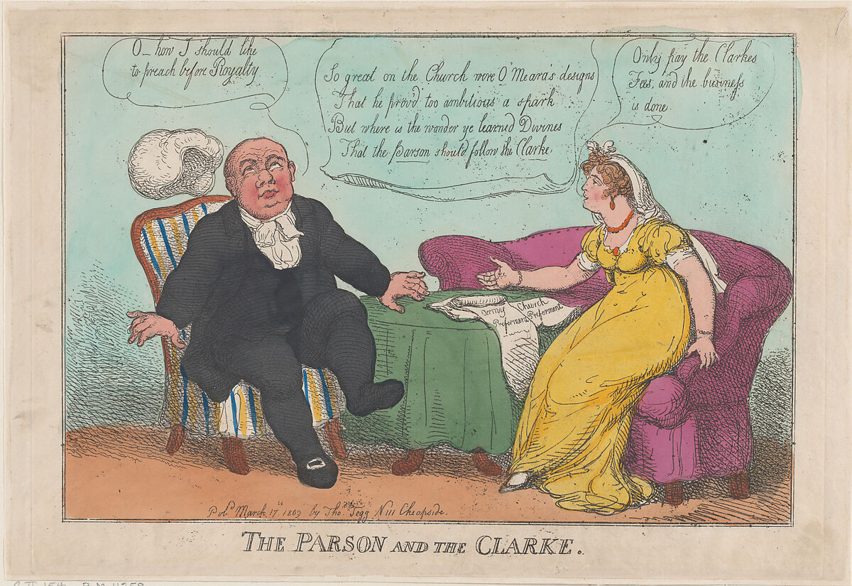 The Parson [Reverend O'Meara] and the Clarke, Thomas Rowlandson (British, London 1757–1827 London), Hand-colored etching 