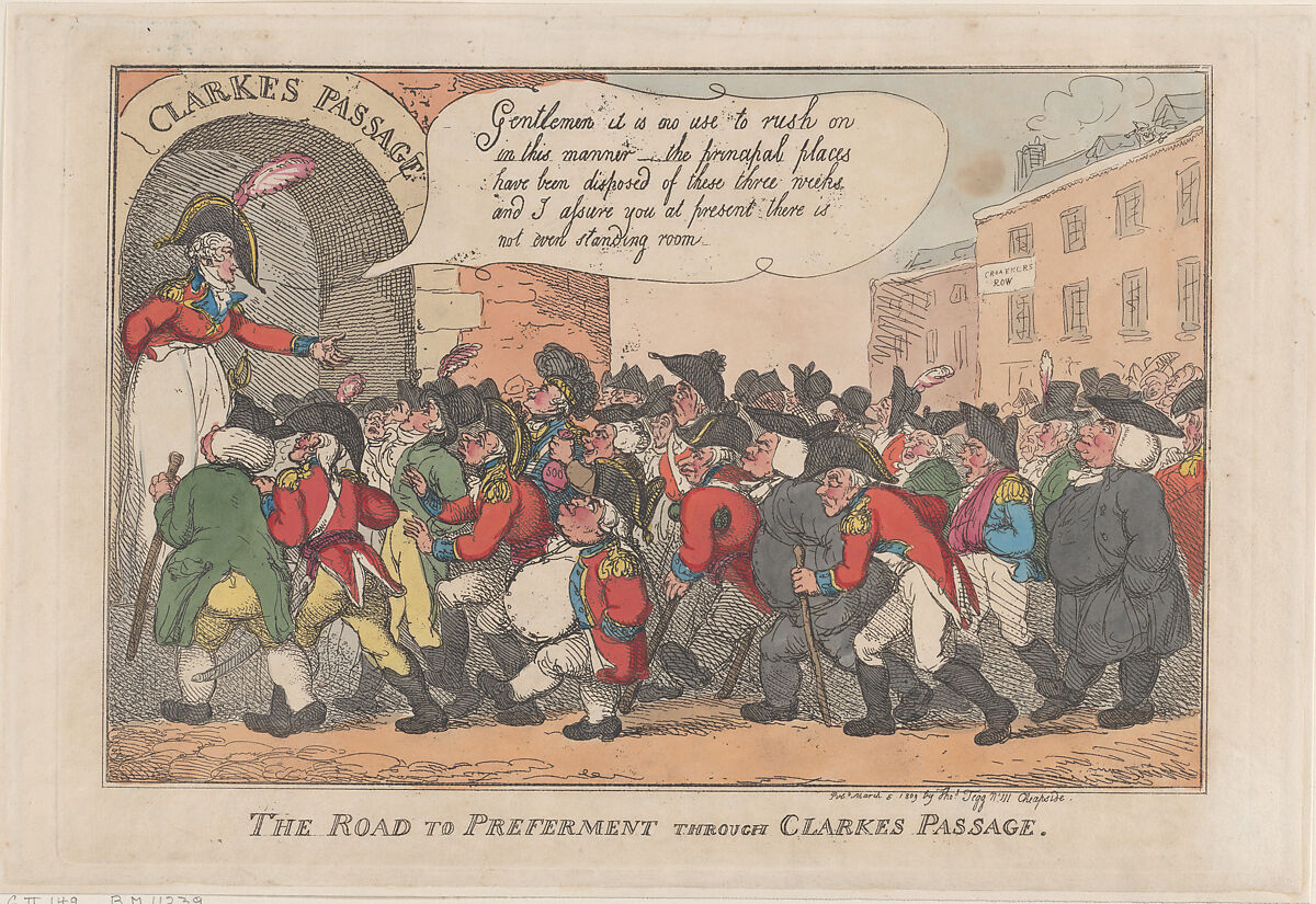 The Road to Preferment Through Clarke's Passage, Thomas Rowlandson (British, London 1757–1827 London), Hand-colored etching 