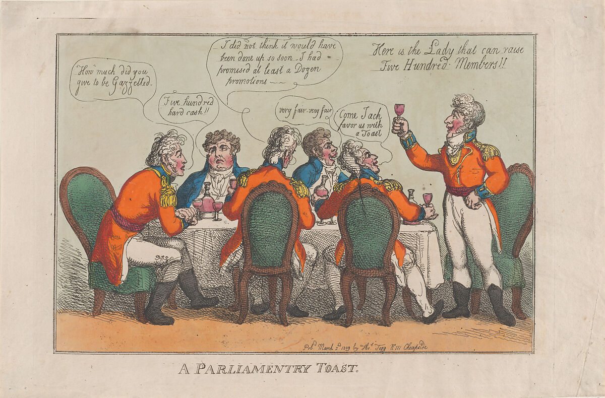 A Parliamentary Toast, Thomas Rowlandson (British, London 1757–1827 London), Hand-colored etching 