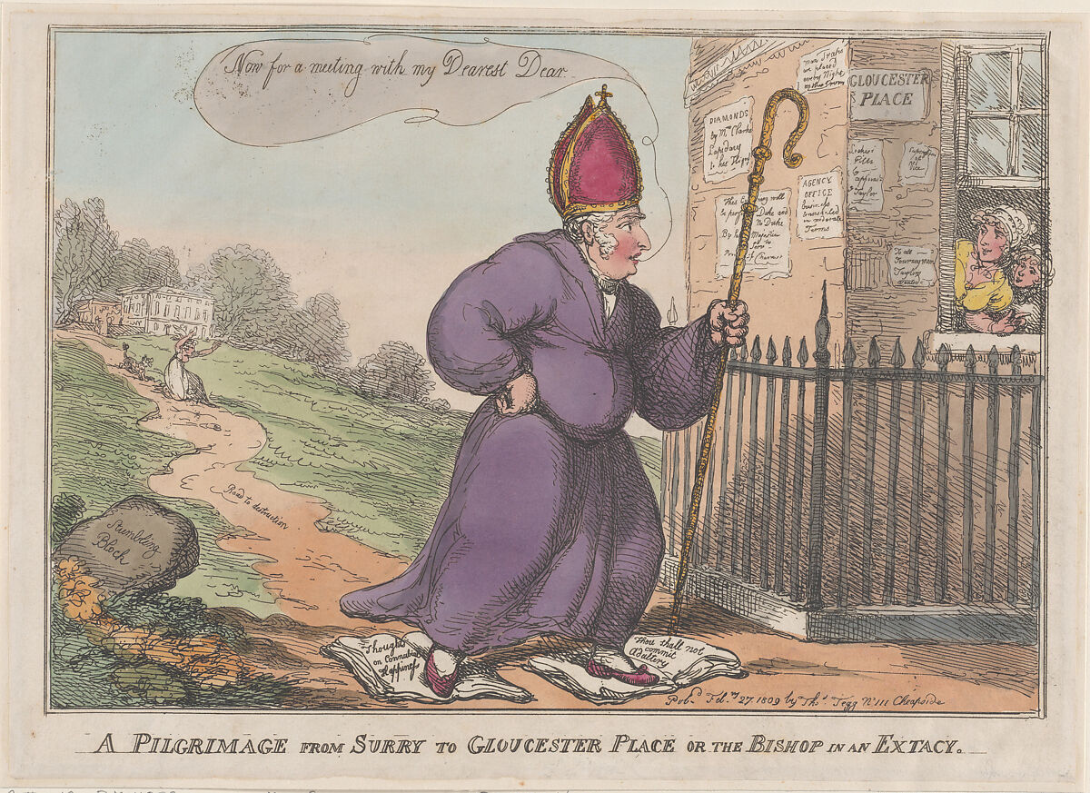 A Pilgrimage from Surry to Gloucester Place or the Bishop is an Extacty, Thomas Rowlandson (British, London 1757–1827 London), Hand-colored etching 