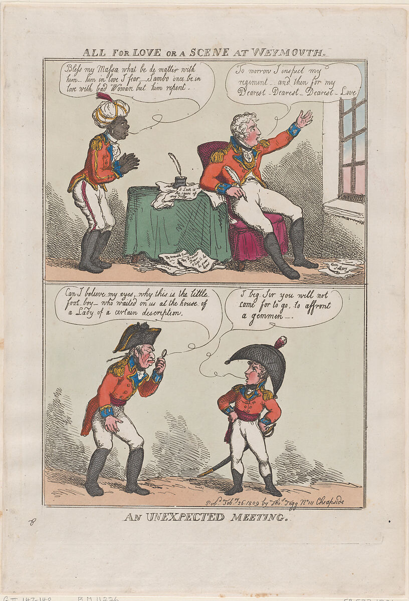 All for Love or A Scene at Weymouth, An Unexpected Meeting, Thomas Rowlandson (British, London 1757–1827 London), Hand-colored etching 