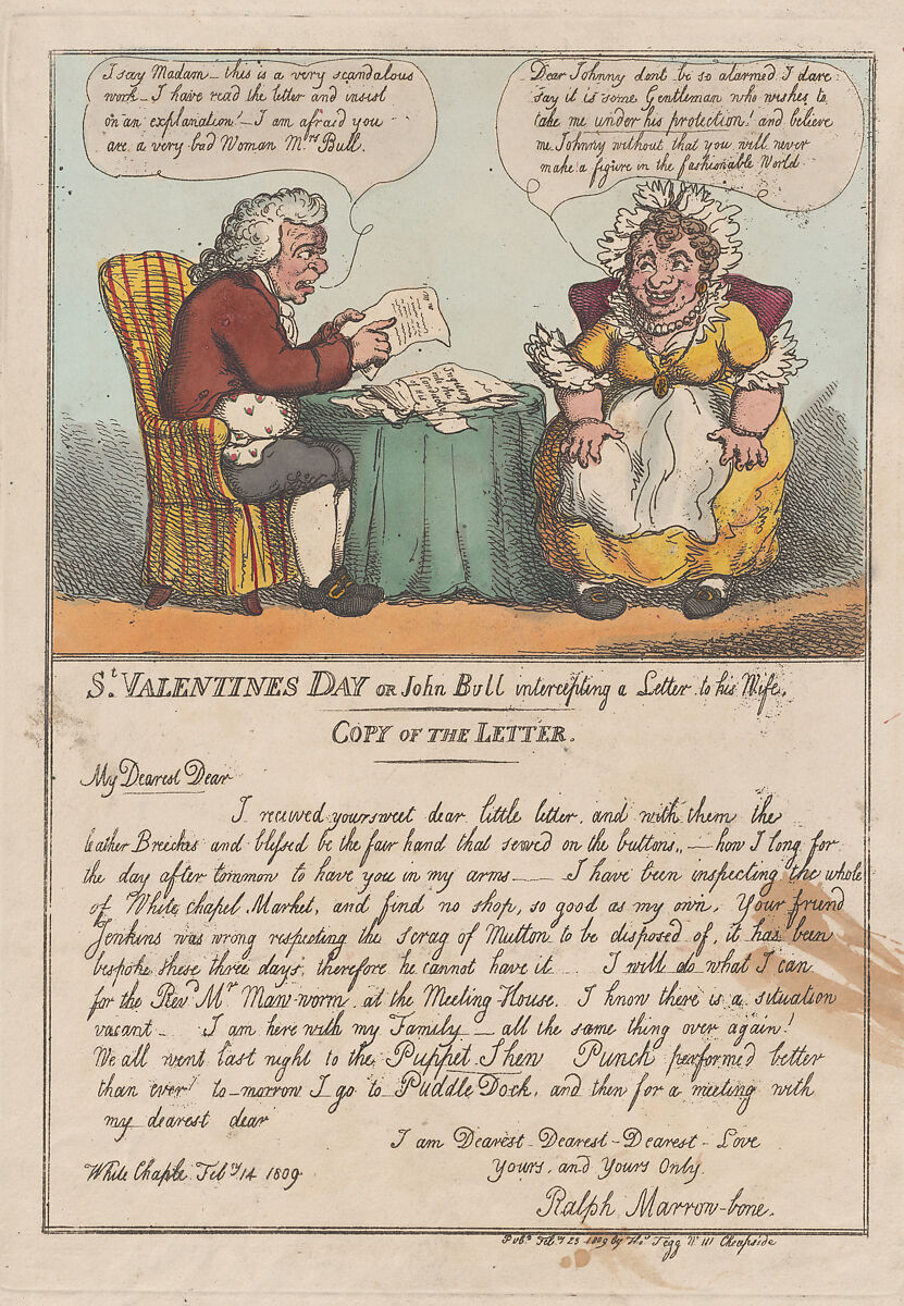 St. Valentine's Day or John Bull intercepting a Letter to his Wife, Thomas Rowlandson (British, London 1757–1827 London), Hand-colored etching 