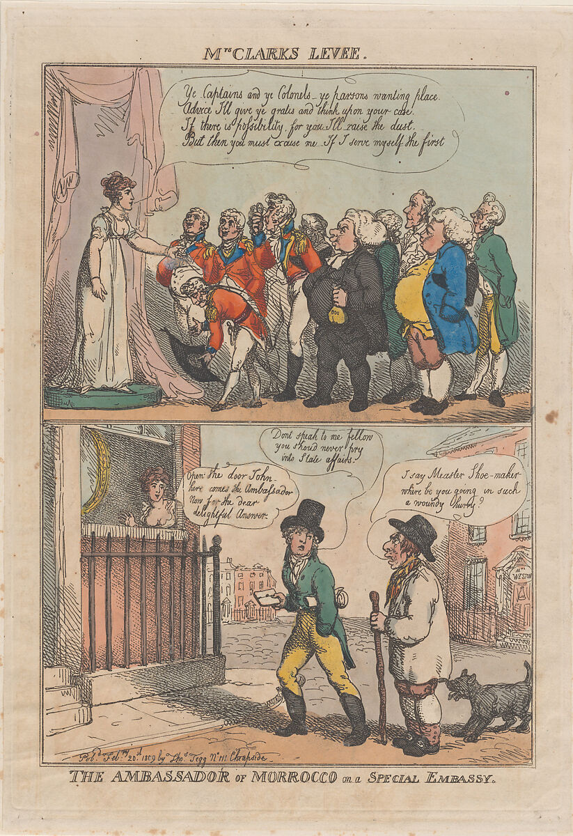 The Ambassador of Morrocco on a Special Embassy, Thomas Rowlandson (British, London 1757–1827 London), Hand-colored etching 