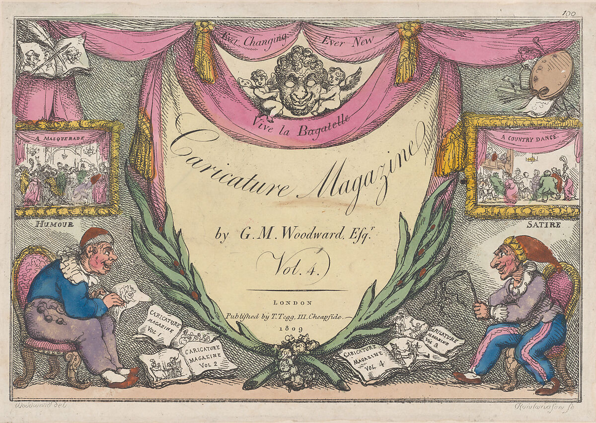 Title Page, The Caricature Magazine by G. M. Woodward, Vol. 4, Thomas Rowlandson (British, London 1757–1827 London), Hand-colored etching 