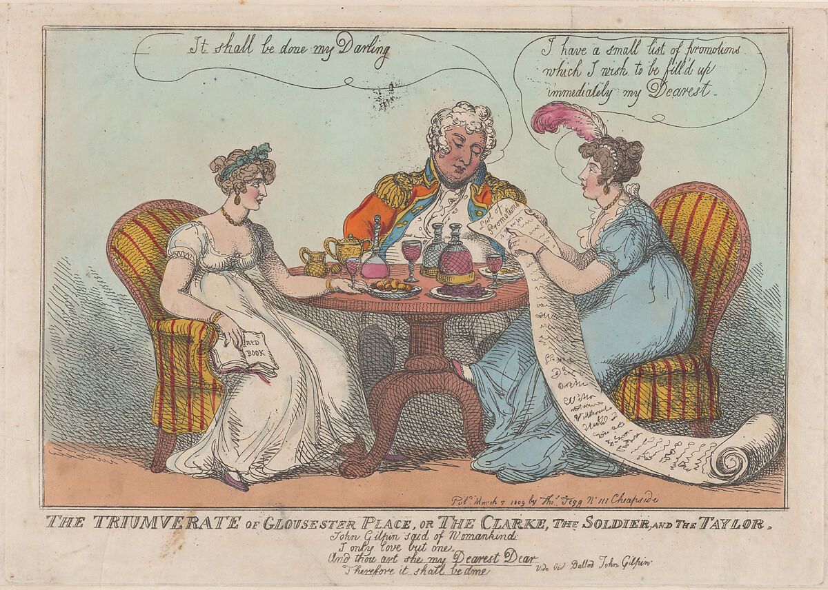 The Triumverate of Gloucester Place, or The Clarke, The Soldier, and The Taylor, Thomas Rowlandson (British, London 1757–1827 London), Hand-colored etching 