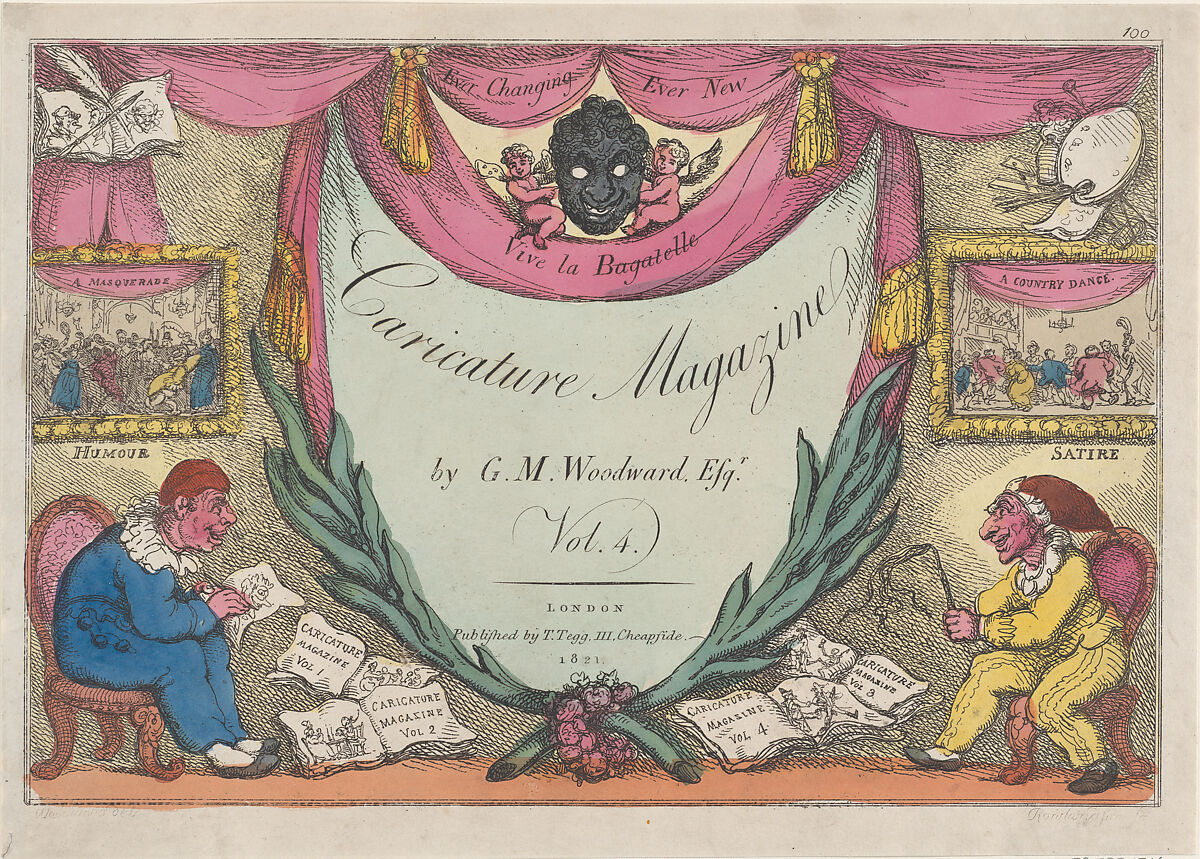 Title Page, The Caricature Magazine by G. M. Woodward, vol. 4, Thomas Rowlandson (British, London 1757–1827 London), Hand-colored etching 