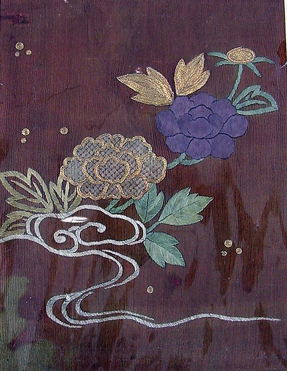 Piece from a Kosode with Peonies and Stream, Resist-dyed plain-weave silk crepe, embroidered with silk and metallic thread, Japan 