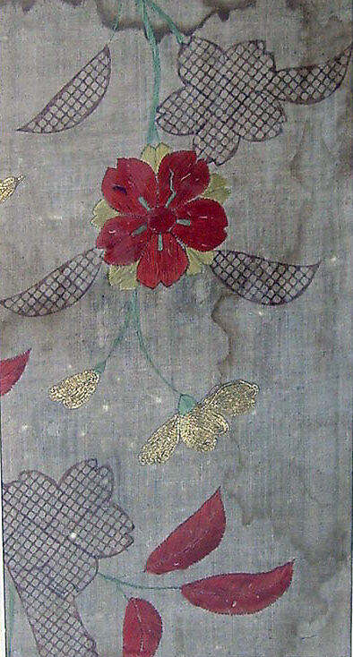 Piece from a Summer Kosode (katabira) with Cherry Blossoms, Resist-dyed plain-weave bast fiber (asa), embroidered with silk and metallic thread, Japan 