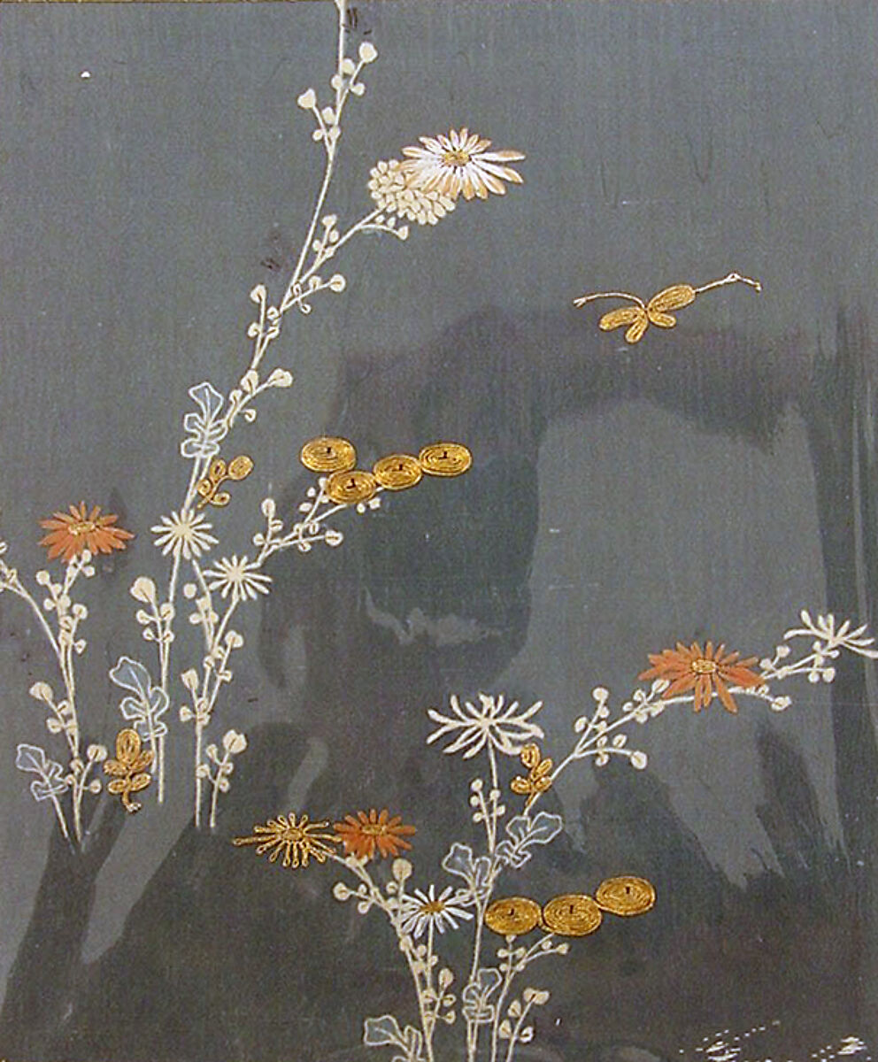 Piece from a Kosode with Chrysanthemums and Butterfly, Resist-dyed plain-weave silk crepe (chirimen), embroidered with silk and metallic thread, Japan 