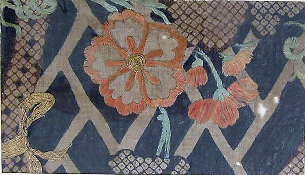 Piece from a Summer Kosode (katabira) with Flowering Vine and Cypress Fence, Resist-dyed plain-weave bast fiber (asa), embroidered with silk and metallic thread, Japan 