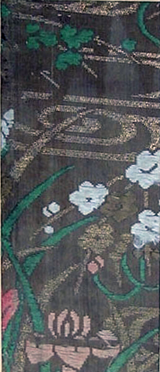 Textile with Partial Pattern of Irises and Water, Silk twill with silk brocading wefts and supplementary-weft patterning in metallic thread, Japan 
