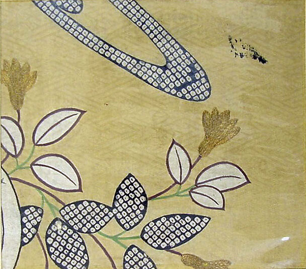 Piece from a Kosode with Flowers, Leaves, and Water, Resist-dyed silk satin damask (rinzu), embroidered with silk and metallic thread, Japan 