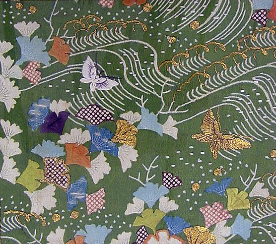 Piece from a Kosode with Ginkgo Leaves, Waves, and Butterflies, Resist-dyed and painted plain-weave silk crepe (chirimen), embroidered with silk and metallic thread, Japan 